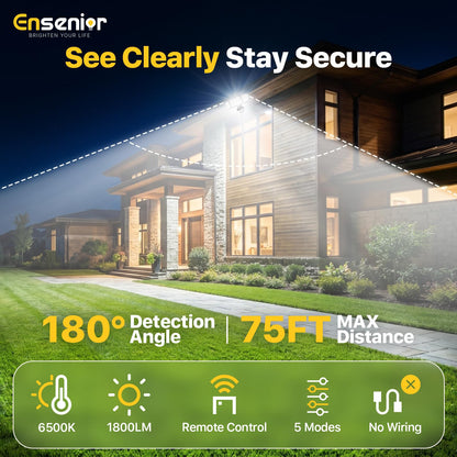 Ensenior Solar Security Lights – 1800LM Flood Lights, 6500K, 2-Pack, Motion Sensor, IP65