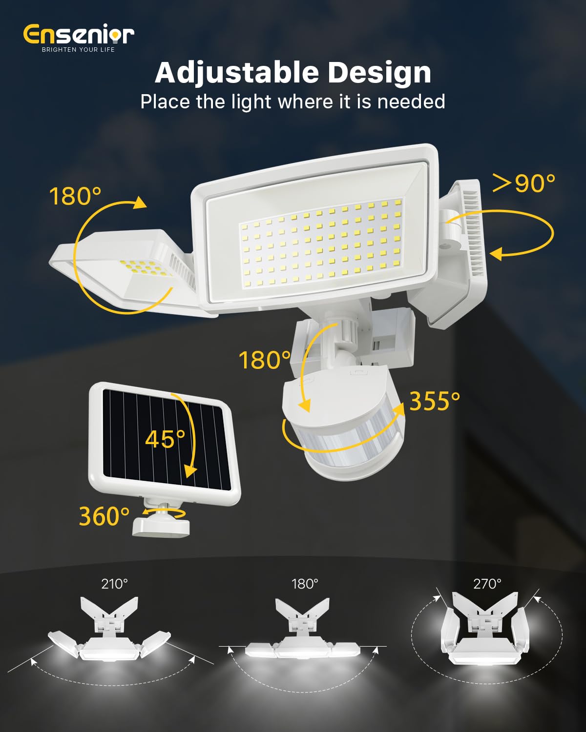 Ensenior Solar Security Lights – 1800LM Flood Lights, 6500K, 2-Pack, Motion Sensor, IP65