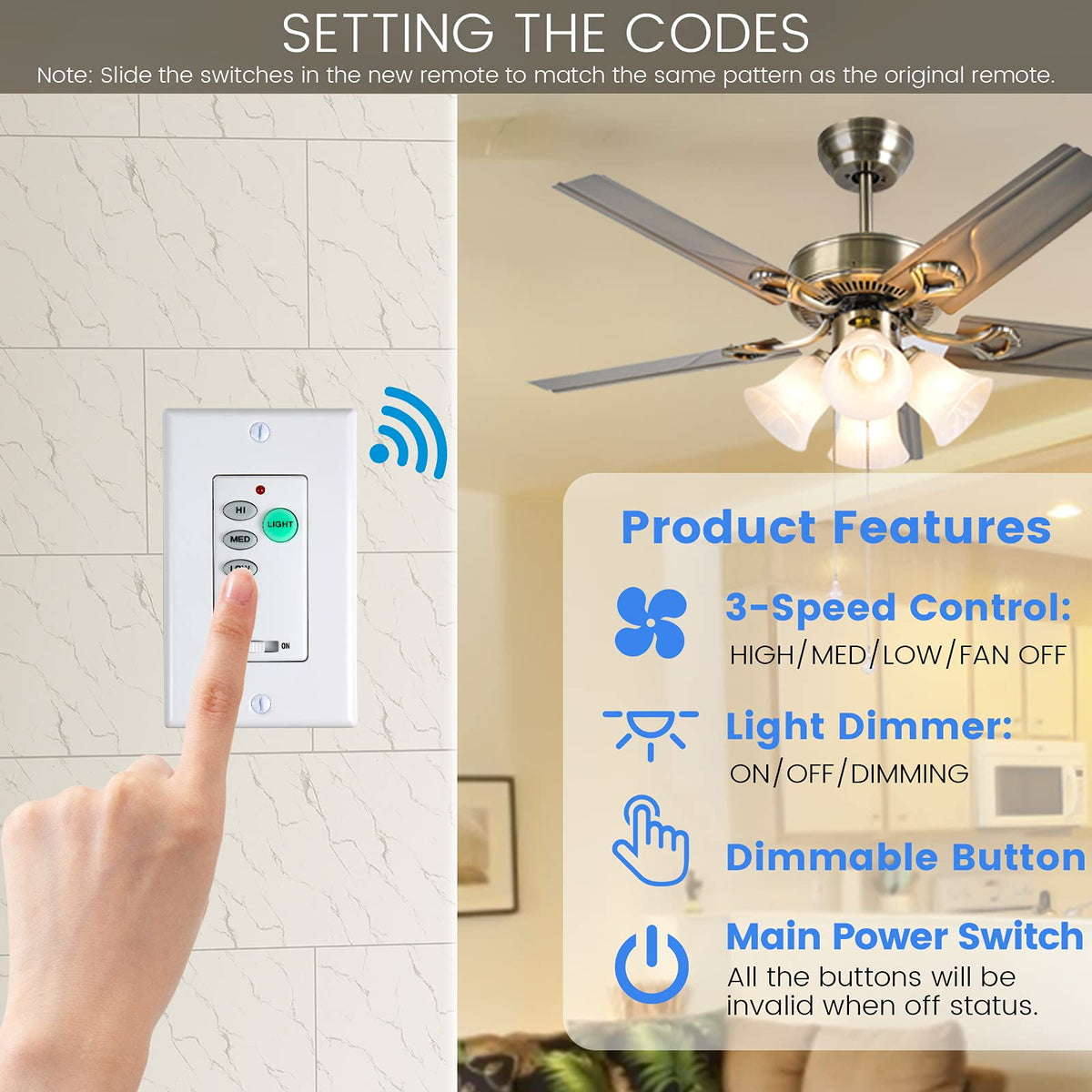 Eogifee UC9050T 3-Speed Ceiling Fan Wall Control + Dimmer
