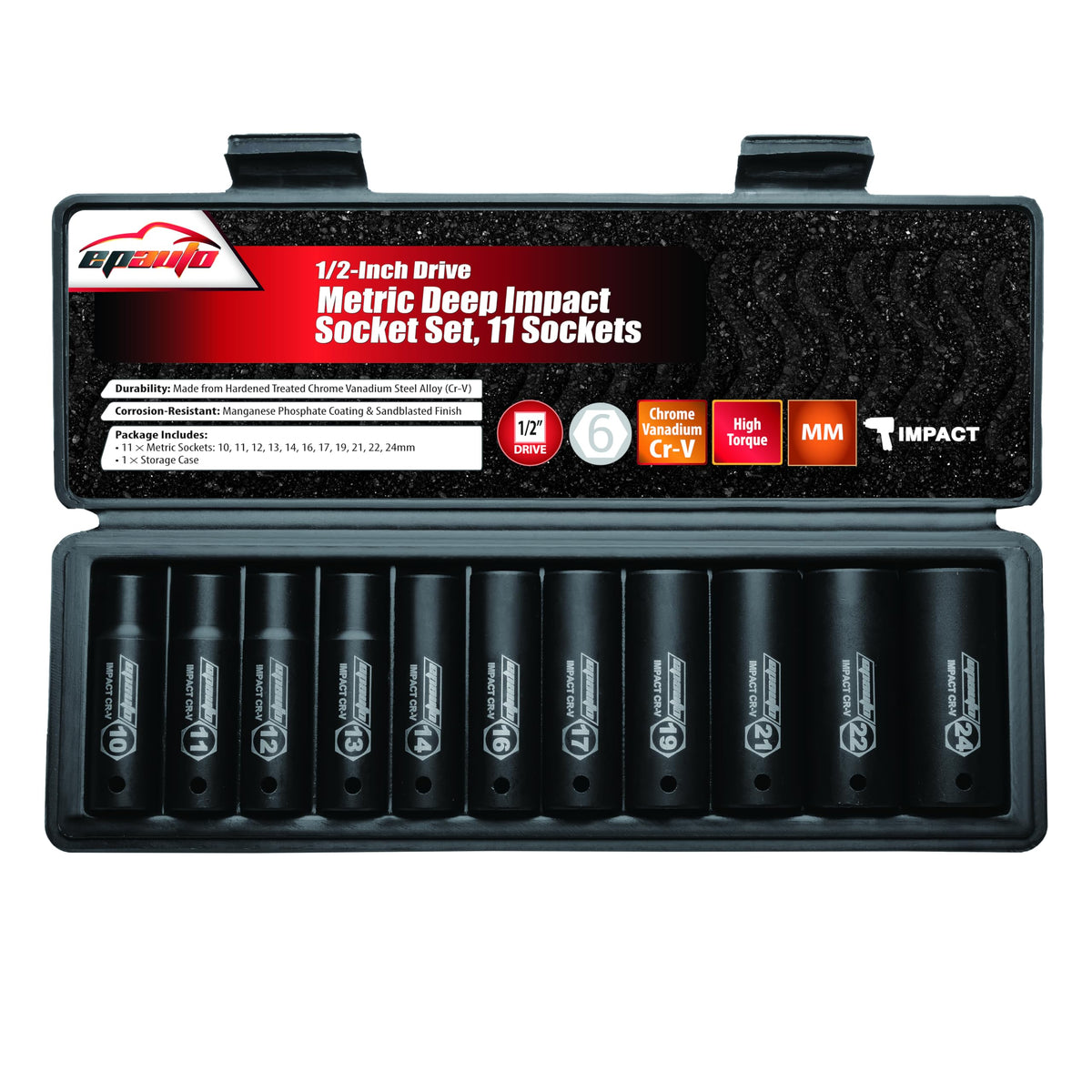 EPAuto 1/2-Inch Drive Deep Impact Socket Set, 11 Metric Cr-V, 6-Point