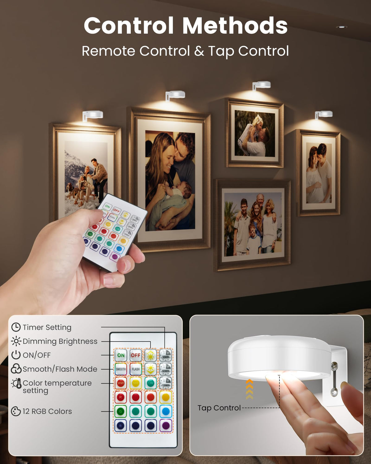 ERMTCTS Picture Lights for Wall – Wireless 2000mAh LED Puck Lights (3 Pack)