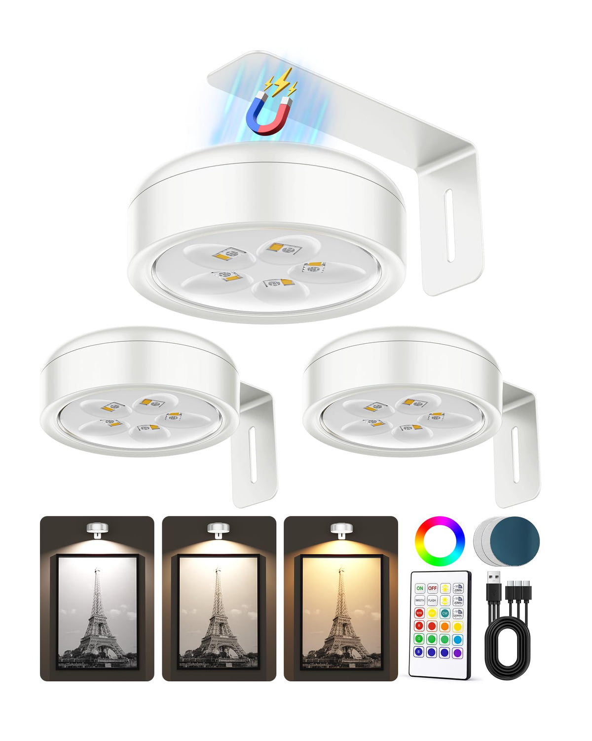 ERMTCTS Picture Lights for Wall – Wireless 2000mAh LED Puck Lights (3 Pack)
