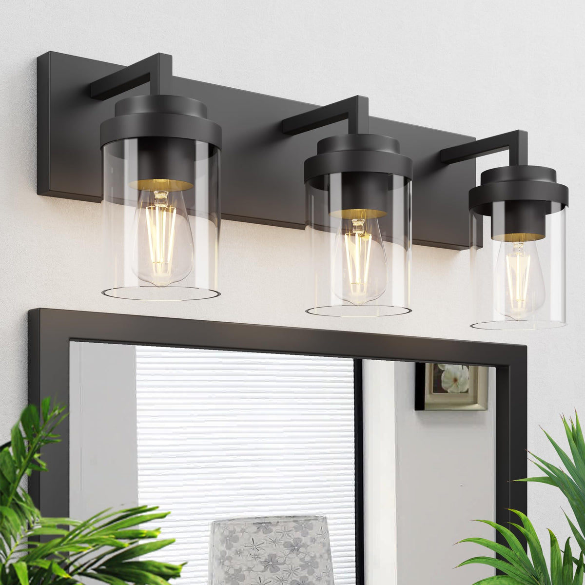 Espird 22-in Matte Black 3-Light Vanity Light with Clear Glass Shades