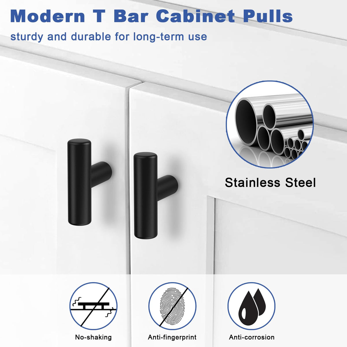 Estmoon 30-Pack Cabinet Knobs Matte Black 2-Inch Stainless Steel T-Bar