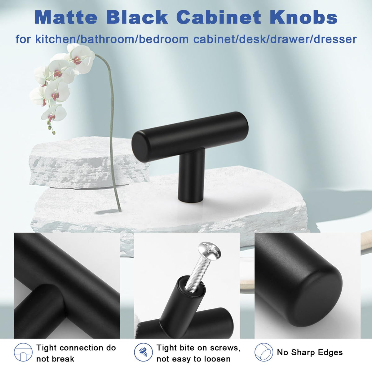 Estmoon 30-Pack Cabinet Knobs Matte Black 2-Inch Stainless Steel T-Bar