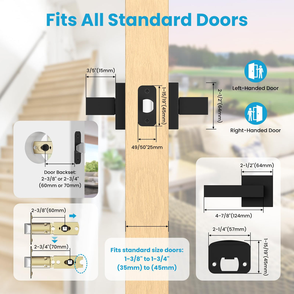 Estmoon 8-Pack Matte Black Passage Door Handles – Non-Locking Square Levers
