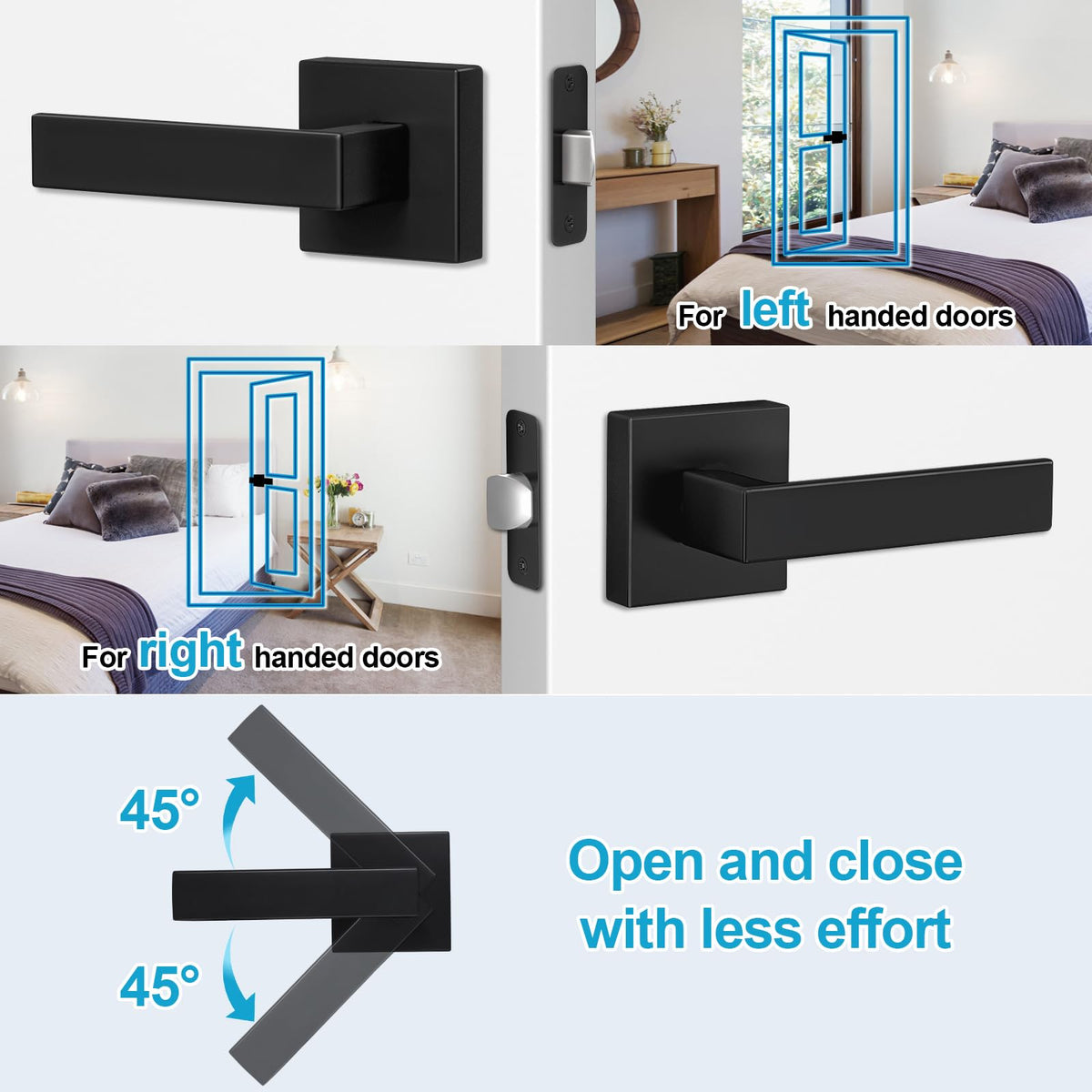 Estmoon 8-Pack Matte Black Passage Door Handles – Non-Locking Square Levers