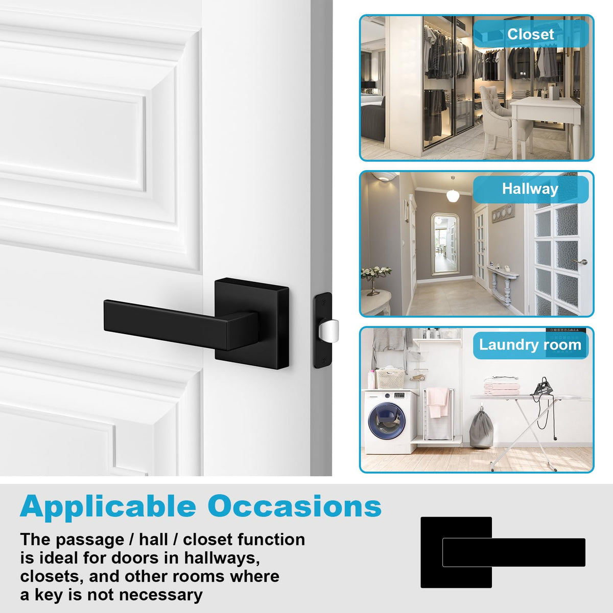 Estmoon 8-Pack Matte Black Passage Door Handles – Non-Locking Square Levers