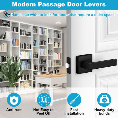 Estmoon 8-Pack Matte Black Passage Door Handles – Non-Locking Square Levers