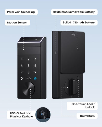 eufy Security Smart Lock E34 – Palm Vein Recognition, Keyless Front Door Lock, Wi‑Fi, IP65