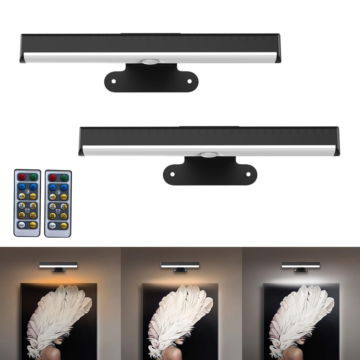 EUIOKUN 2-Pack Battery Powered Picture Light – Wireless Remote, Dimmable Wall Lights for Paintings