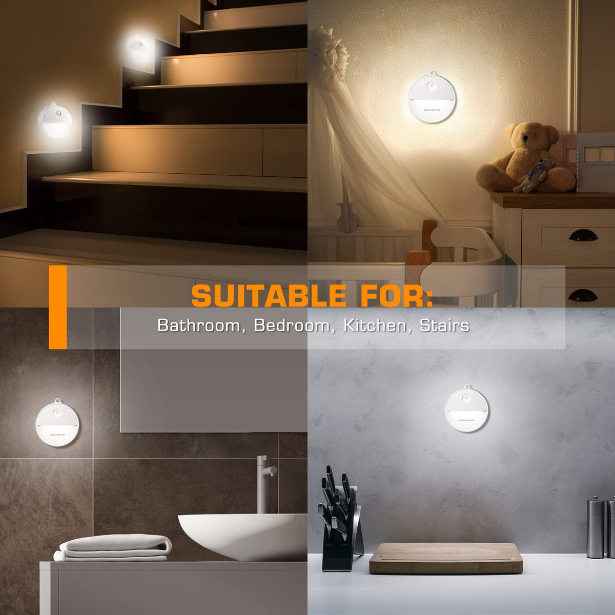 EverBrite LED Motion Sensor Night Light – Auto On/Off, Cool White, 6-Pack (18 AAA Batteries Included)