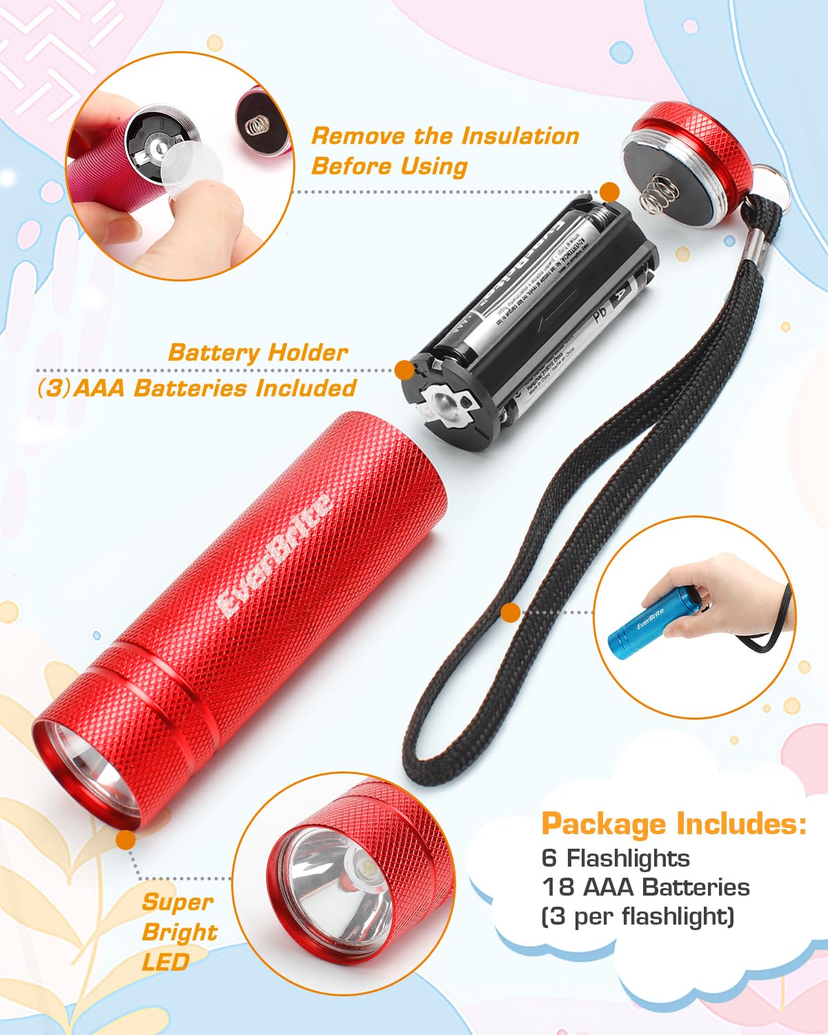 EverBrite 6-Pack Mini Flashlight Set | Aluminum LED Handheld Torches with Lanyard – 18 AAA Batteries Included