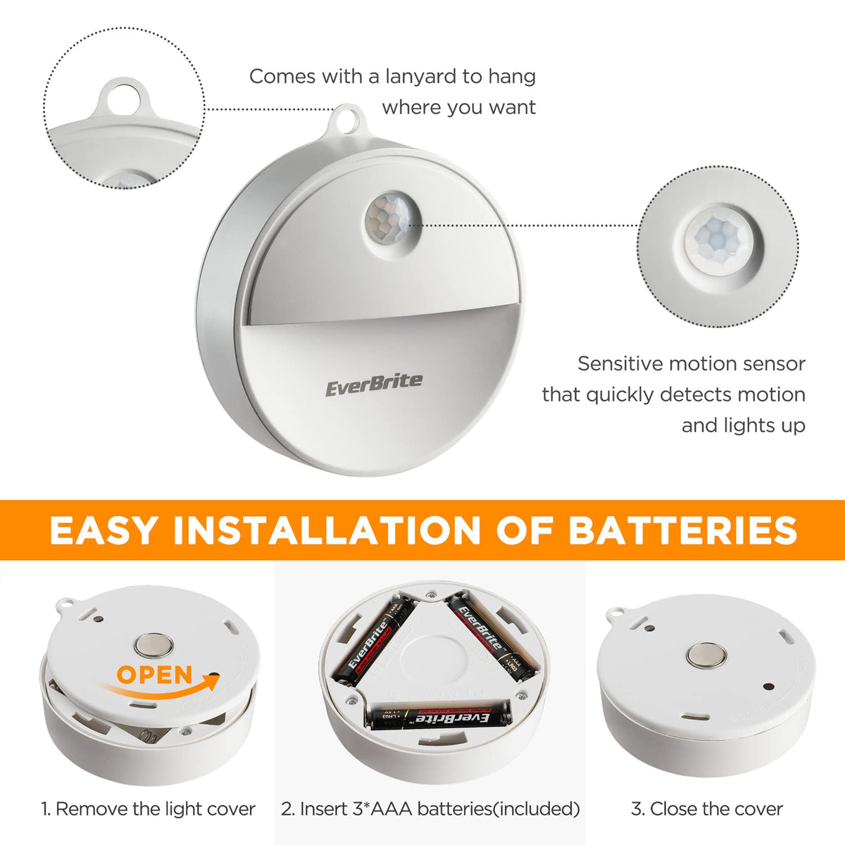 EverBrite LED Motion Sensor Night Light – Auto On/Off, Cool White, 6-Pack (18 AAA Batteries Included)