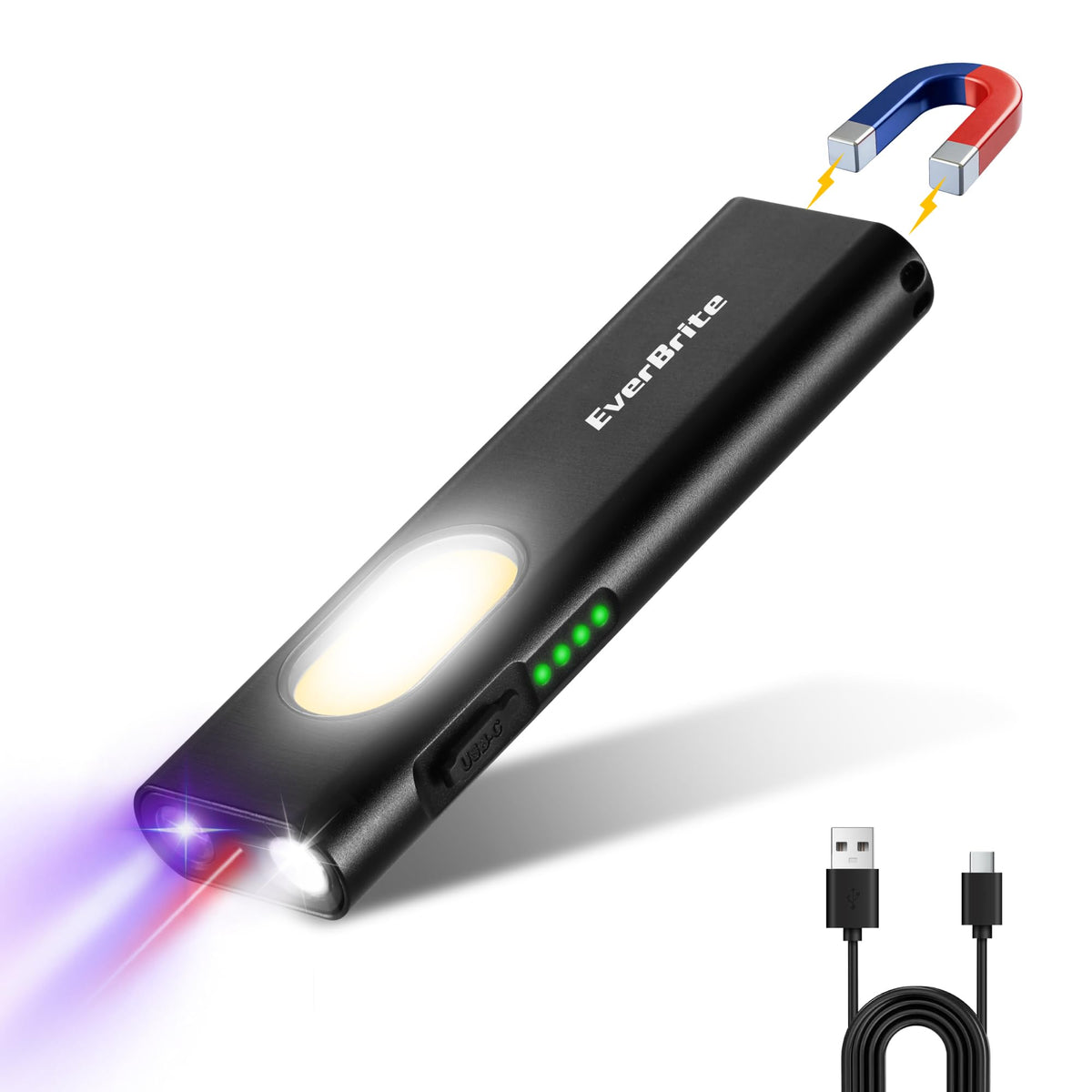 EverBrite Rechargeable EDC Flat Flashlight – 1200LM, USB-C, Magnetic, White/UV/Red Light