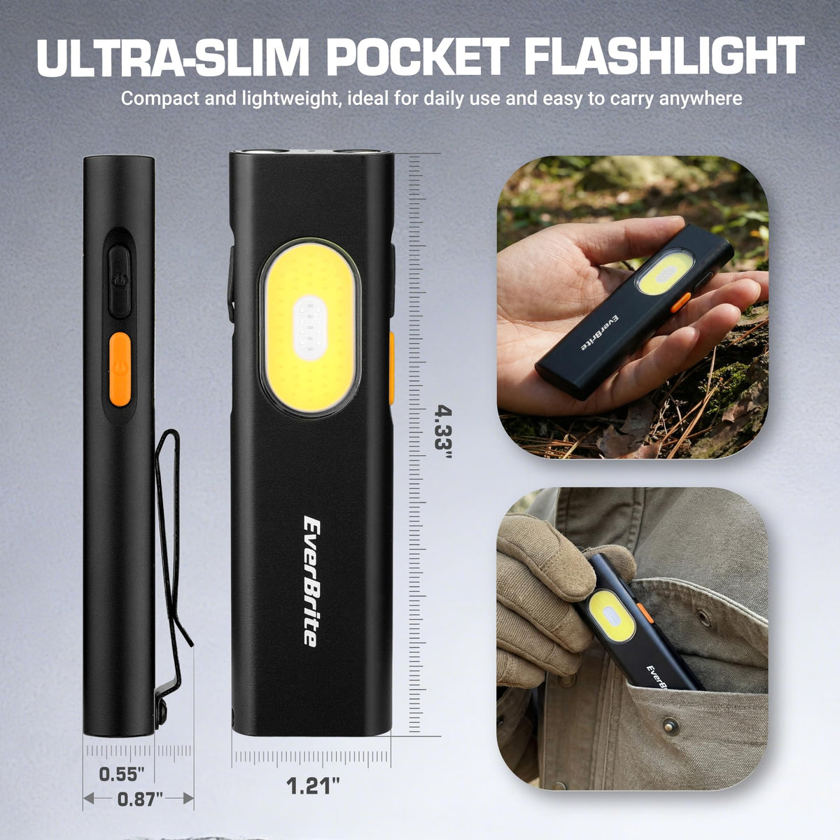 EverBrite Rechargeable EDC Flat Flashlight – 1200LM, USB-C, Magnetic, White/UV/Red Light