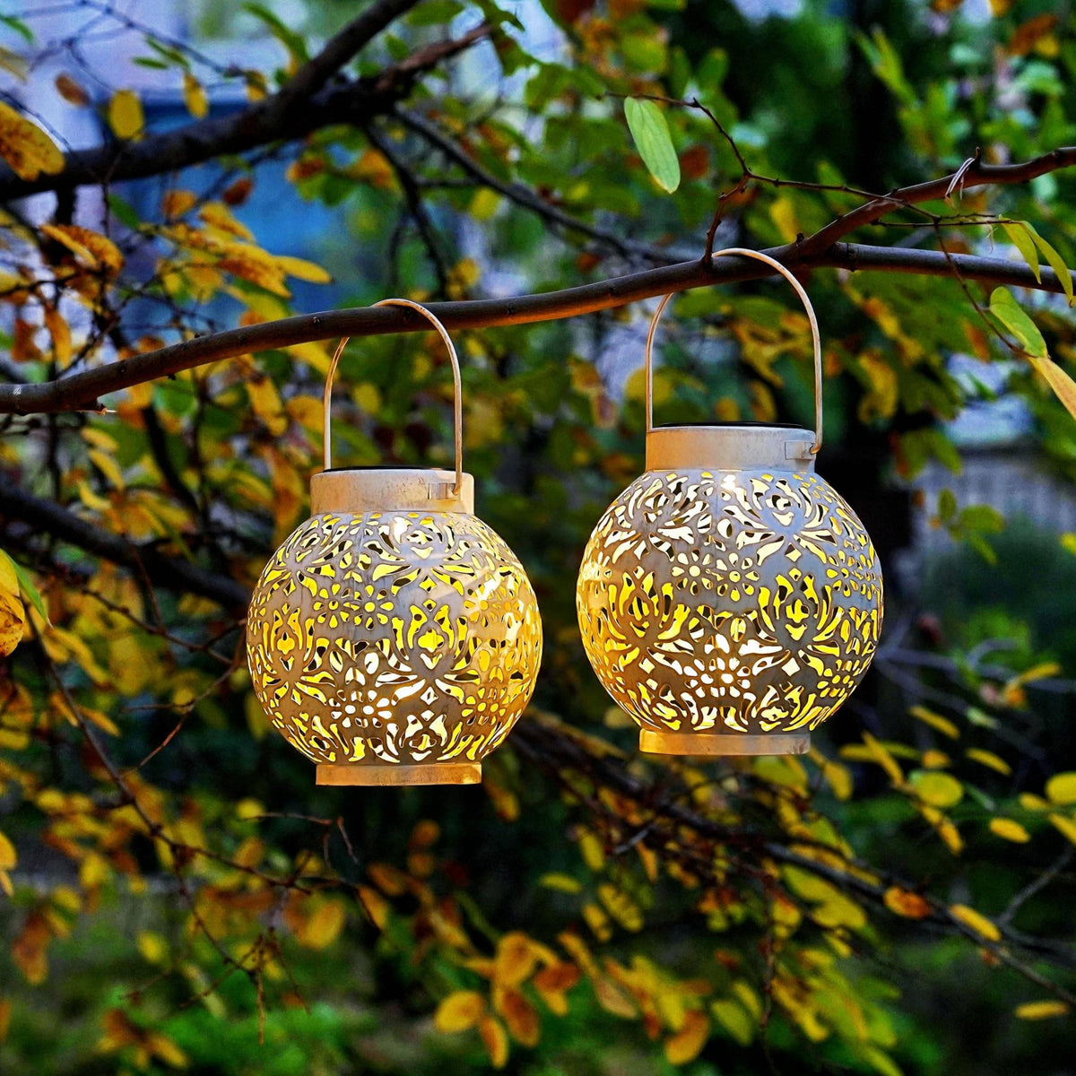EXCMARK 2-Pack Outdoor Solar Hanging Lanterns – Rustic Metal, Wireless