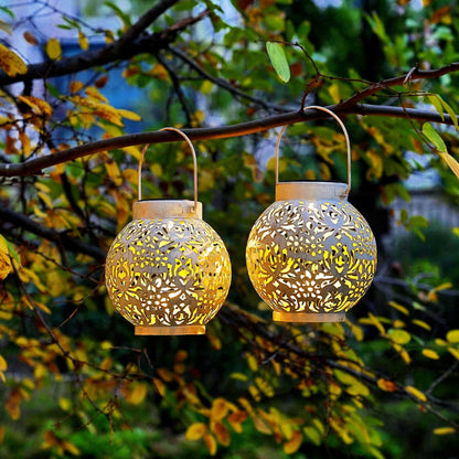EXCMARK 2-Pack Outdoor Solar Hanging Lanterns – Rustic Metal, Wireless
