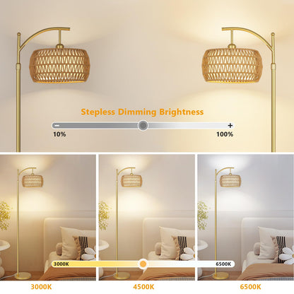 eyassi Arc Floor Lamp – 3-Color Temp LED, Remote & Stepless Dimming, Boho Rattan & Fabric Shades