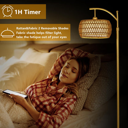 eyassi Arc Floor Lamp – 3-Color Temp LED, Remote & Stepless Dimming, Boho Rattan & Fabric Shades