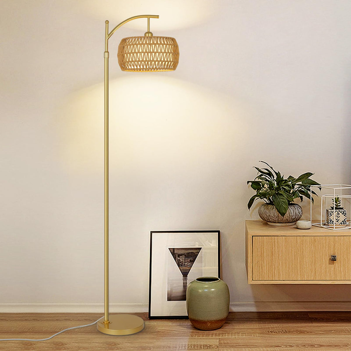 eyassi Arc Floor Lamp – 3-Color Temp LED, Remote & Stepless Dimming, Boho Rattan & Fabric Shades