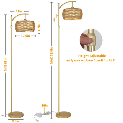 eyassi Arc Floor Lamp – 3-Color Temp LED, Remote & Stepless Dimming, Boho Rattan & Fabric Shades