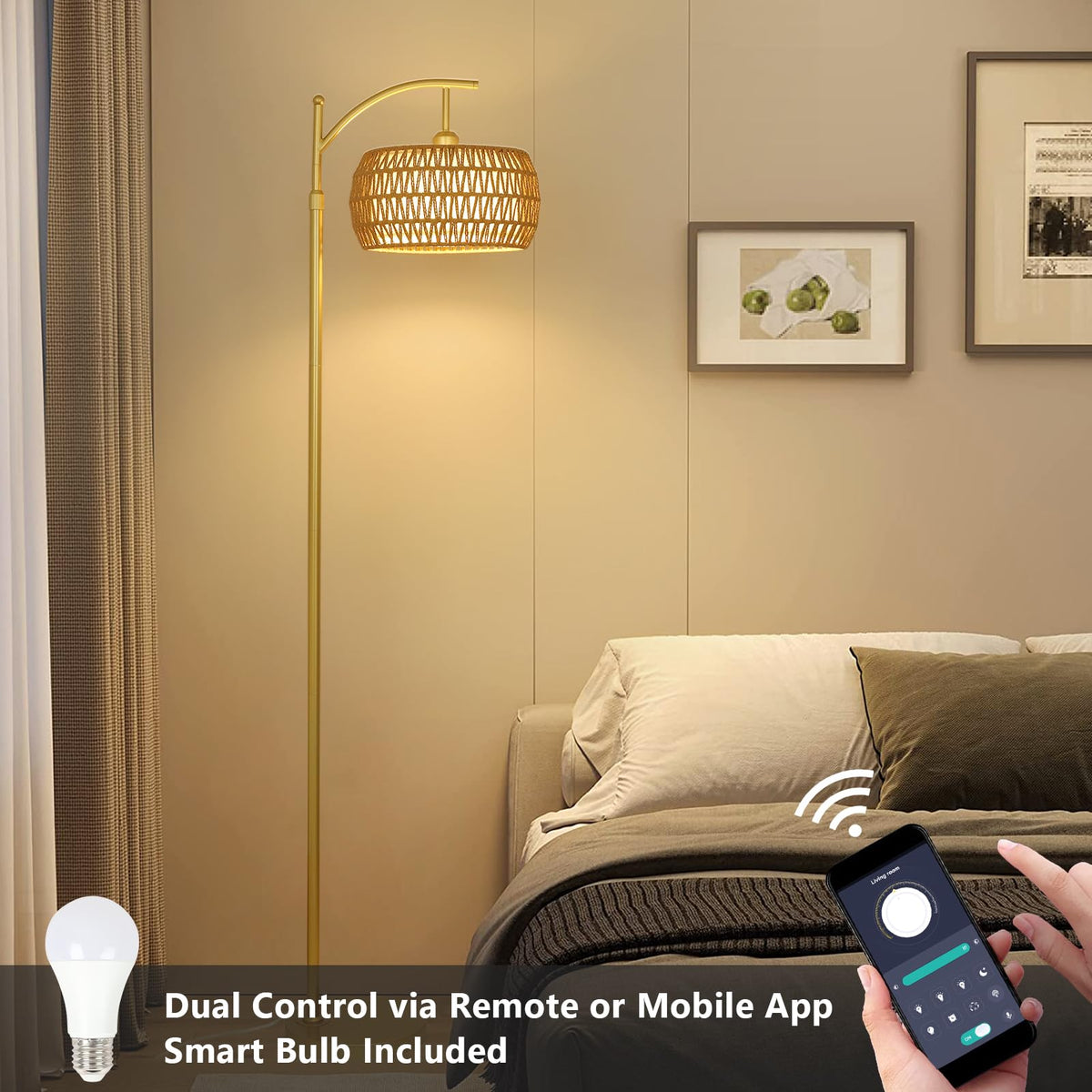 eyassi Arc Floor Lamp – 3-Color Temp LED, Remote & Stepless Dimming, Boho Rattan & Fabric Shades