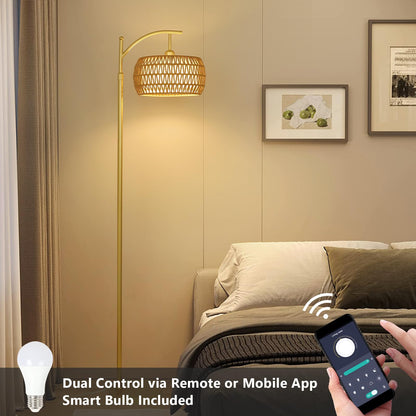eyassi Arc Floor Lamp – 3-Color Temp LED, Remote & Stepless Dimming, Boho Rattan & Fabric Shades