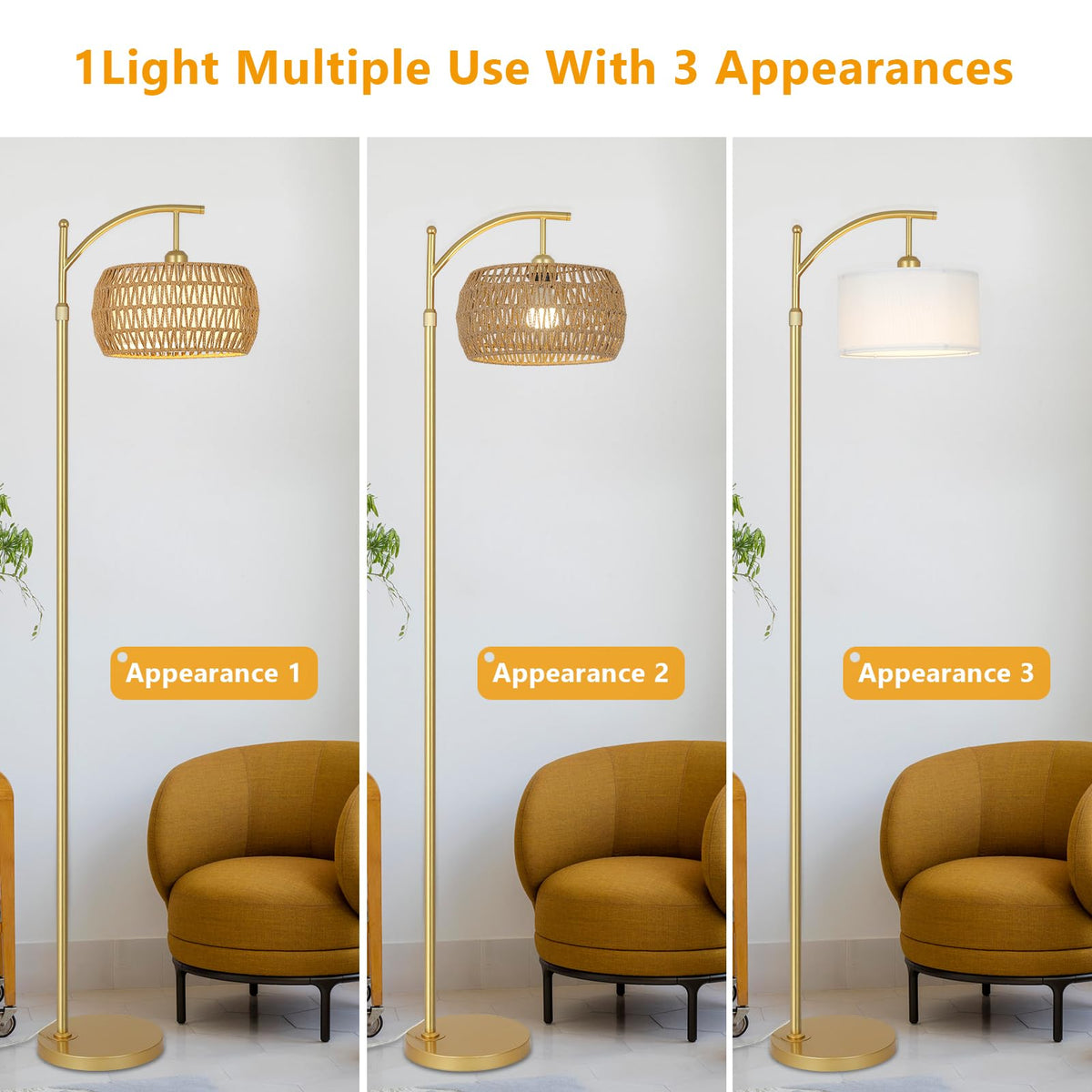eyassi Arc Floor Lamp – 3-Color Temp LED, Remote & Stepless Dimming, Boho Rattan & Fabric Shades