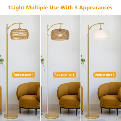 eyassi Arc Floor Lamp – 3-Color Temp LED, Remote & Stepless Dimming, Boho Rattan & Fabric Shades