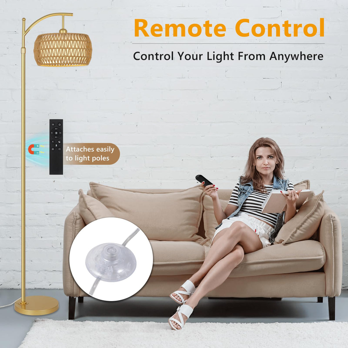 eyassi Arc Floor Lamp – 3-Color Temp LED, Remote & Stepless Dimming, Boho Rattan & Fabric Shades