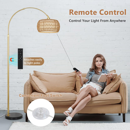 Eyassi Gold Arc Floor Lamp with Remote – Dimmable, Height Adjustable, Boho Rattan Shade