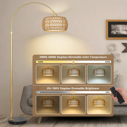 Eyassi Gold Arc Floor Lamp with Remote – Dimmable, Height Adjustable, Boho Rattan Shade