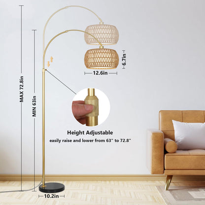 Eyassi Gold Arc Floor Lamp with Remote – Dimmable, Height Adjustable, Boho Rattan Shade