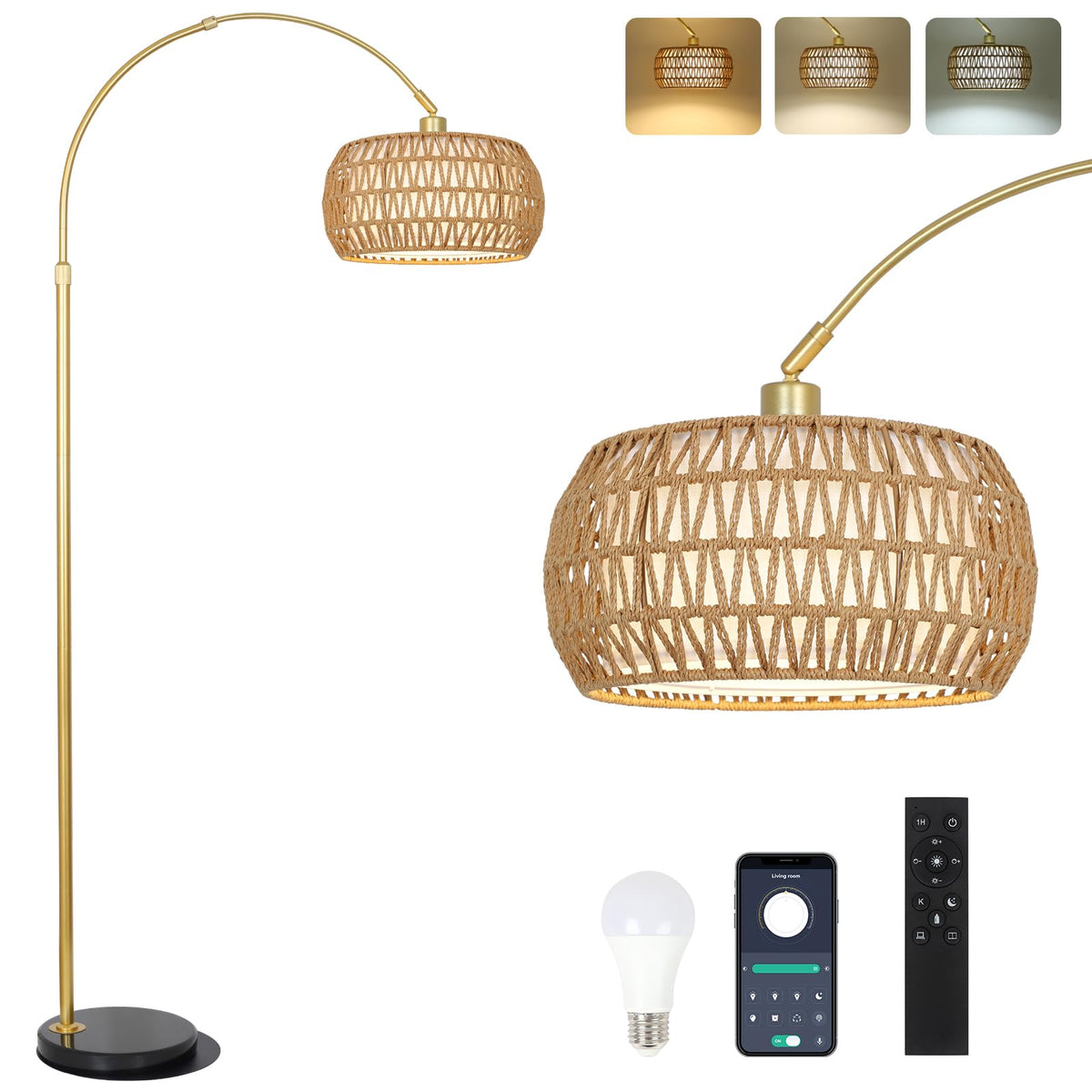 Eyassi Gold Arc Floor Lamp with Remote – Dimmable, Height Adjustable, Boho Rattan Shade