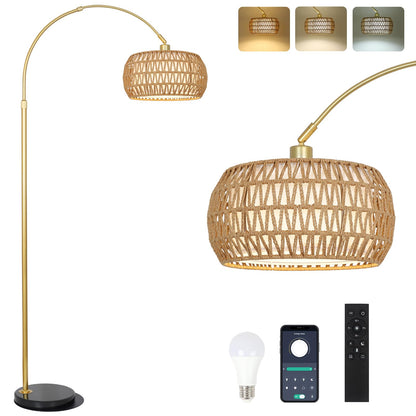Eyassi Gold Arc Floor Lamp with Remote – Dimmable, Height Adjustable, Boho Rattan Shade