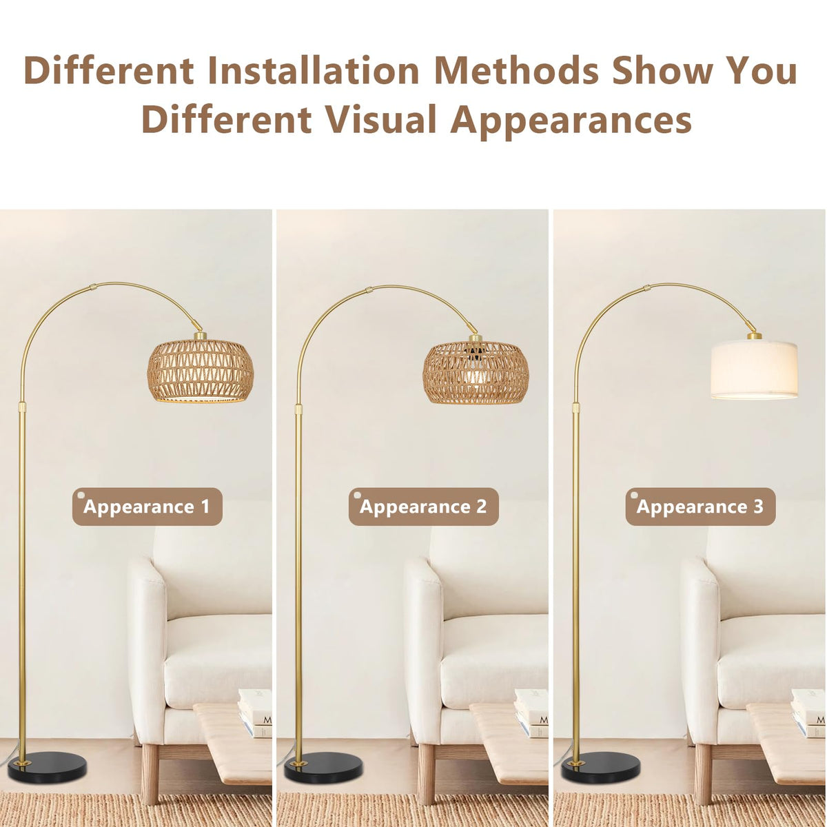 Eyassi Gold Arc Floor Lamp with Remote – Dimmable, Height Adjustable, Boho Rattan Shade