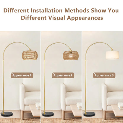 Eyassi Gold Arc Floor Lamp with Remote – Dimmable, Height Adjustable, Boho Rattan Shade