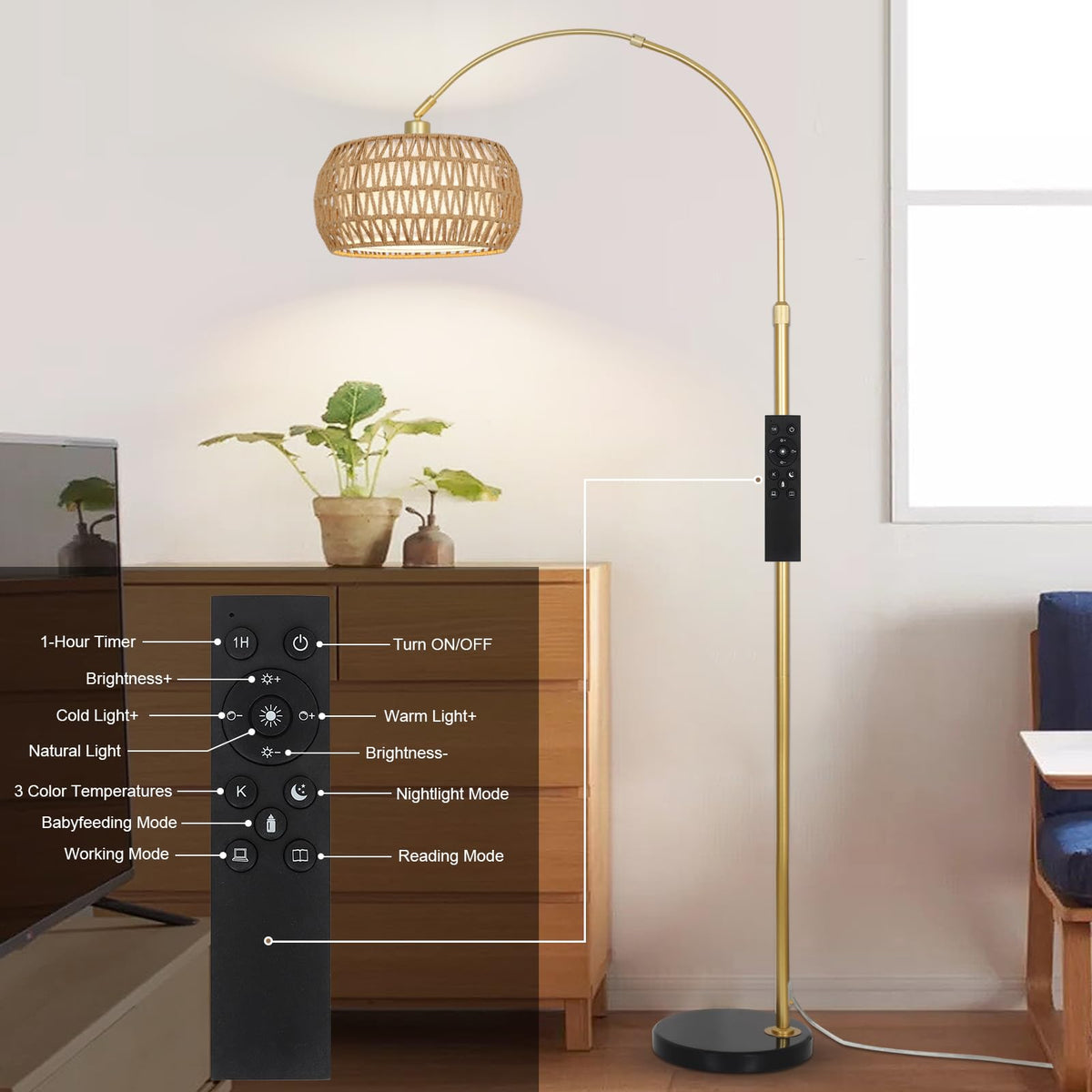 Eyassi Gold Arc Floor Lamp with Remote – Dimmable, Height Adjustable, Boho Rattan Shade