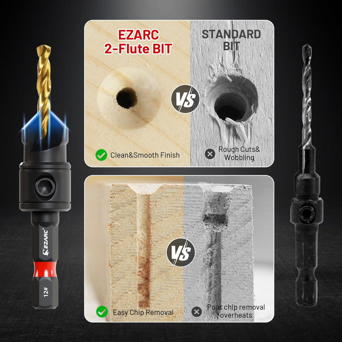 EZARC Countersink Drill Bit Set – 12-Piece, Magnetic Extension, #4–#12