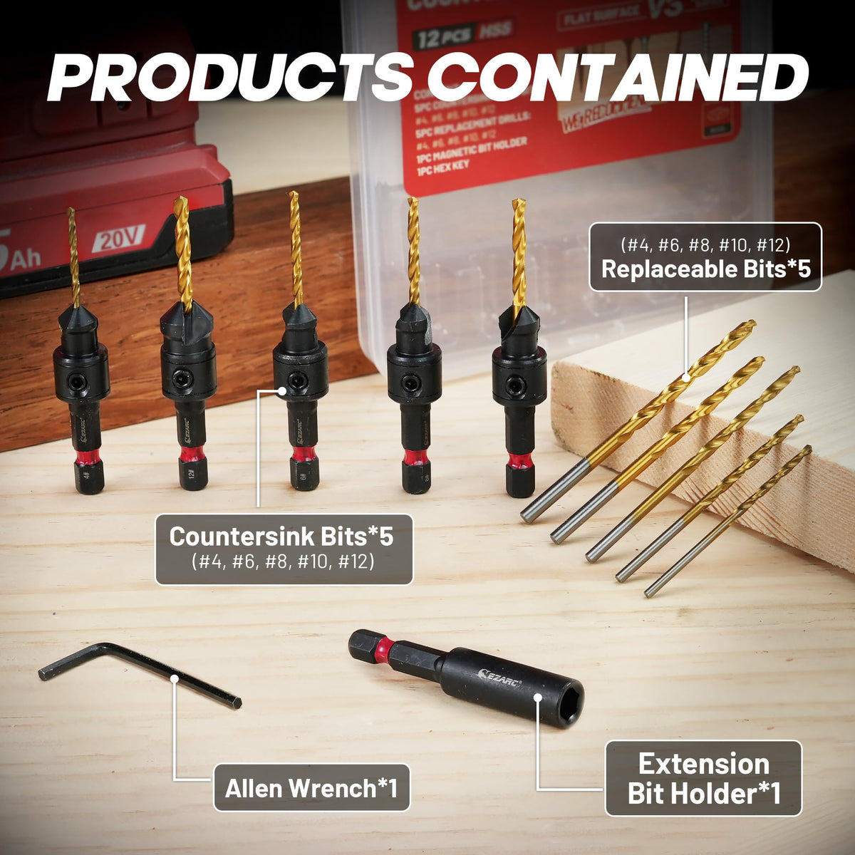 EZARC Countersink Drill Bit Set – 12-Piece, Magnetic Extension, #4–#12