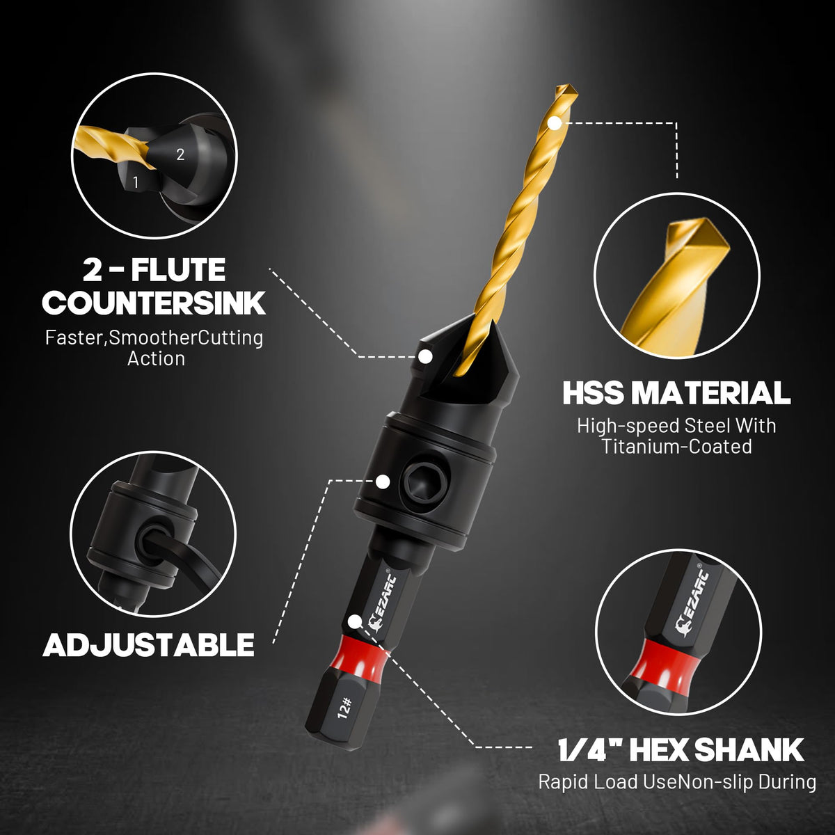 EZARC Countersink Drill Bit Set – 12-Piece, Magnetic Extension, #4–#12