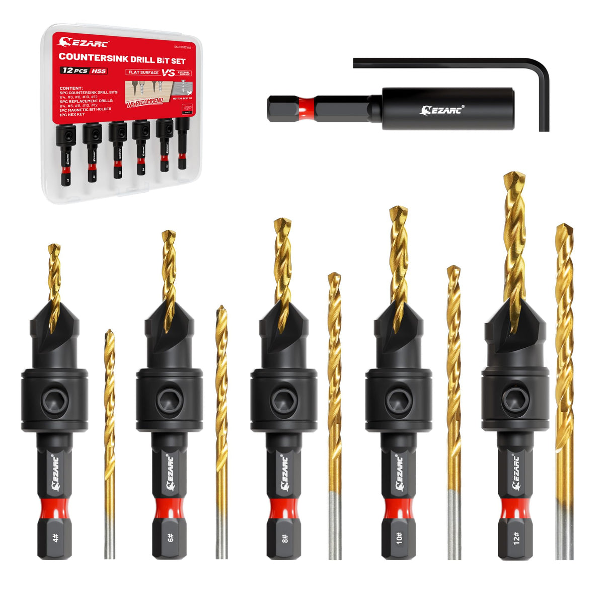 EZARC Countersink Drill Bit Set – 12-Piece, Magnetic Extension, #4–#12