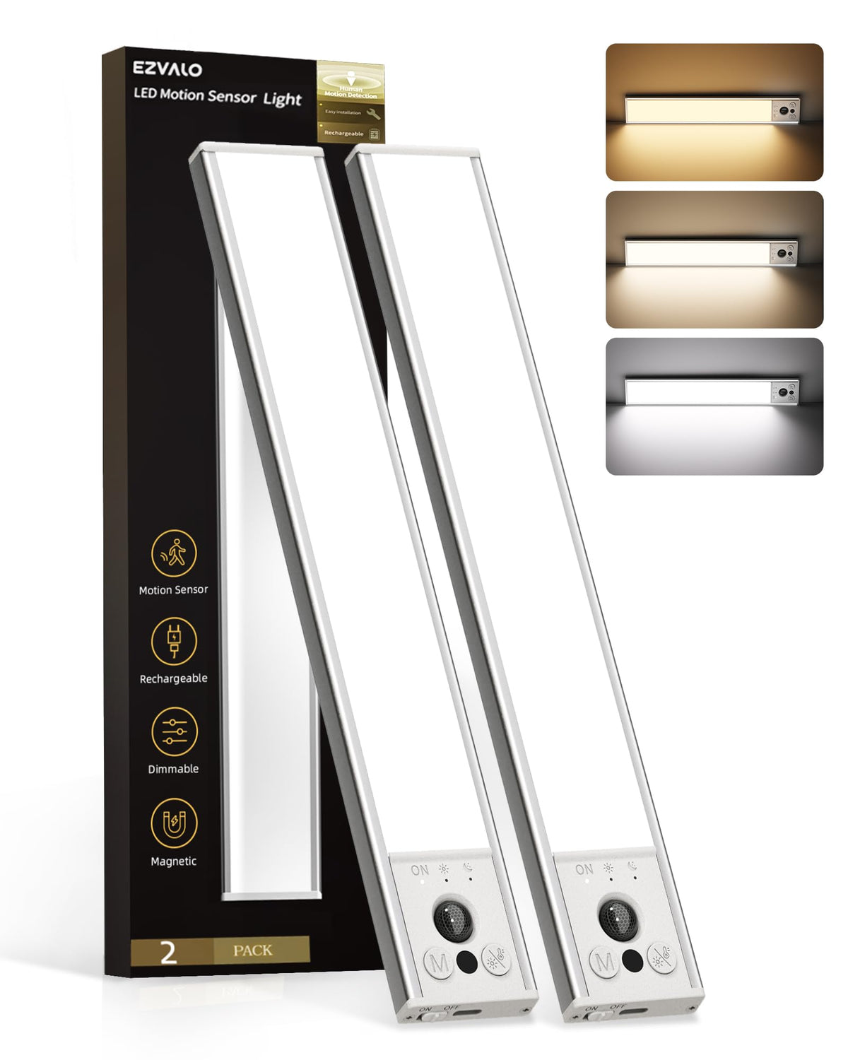 EZVALO 10-Inch Under Cabinet Lighting with Motion Sensor, 3 Color Temperatures, Rechargeable, Magnetic – 2 Pack