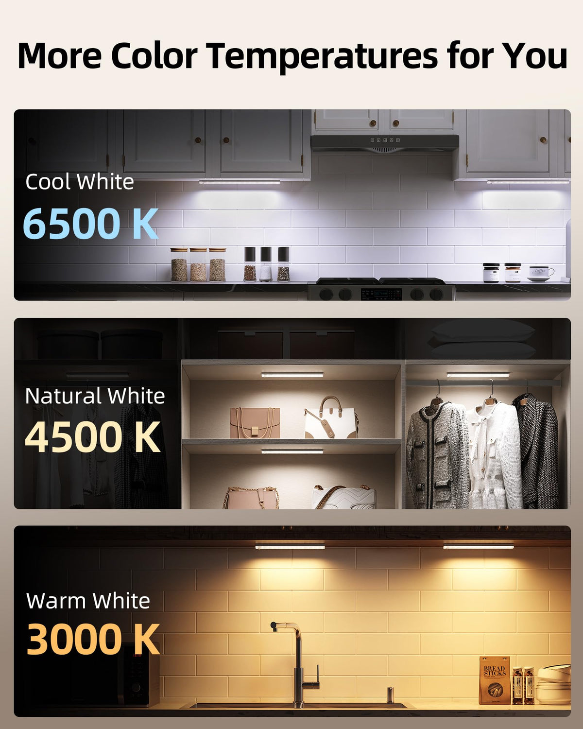 EZVALO 3-Pack Under Cabinet Lighting — Wireless Motion Sensor LEDs, 3 Color Temps, Dimmable, Remote