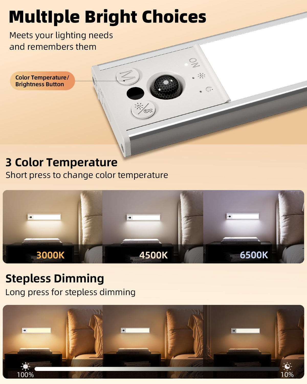 EZVALO 10-Inch Under Cabinet Lighting with Motion Sensor, 3 Color Temperatures, Rechargeable, Magnetic – 2 Pack