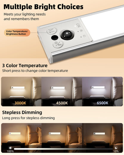 EZVALO 10-Inch Under Cabinet Lighting with Motion Sensor, 3 Color Temperatures, Rechargeable, Magnetic – 2 Pack