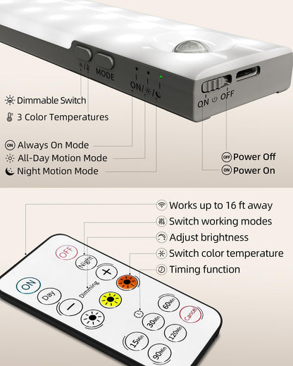 EZVALO 3-Pack Under Cabinet Lighting — Wireless Motion Sensor LEDs, 3 Color Temps, Dimmable, Remote