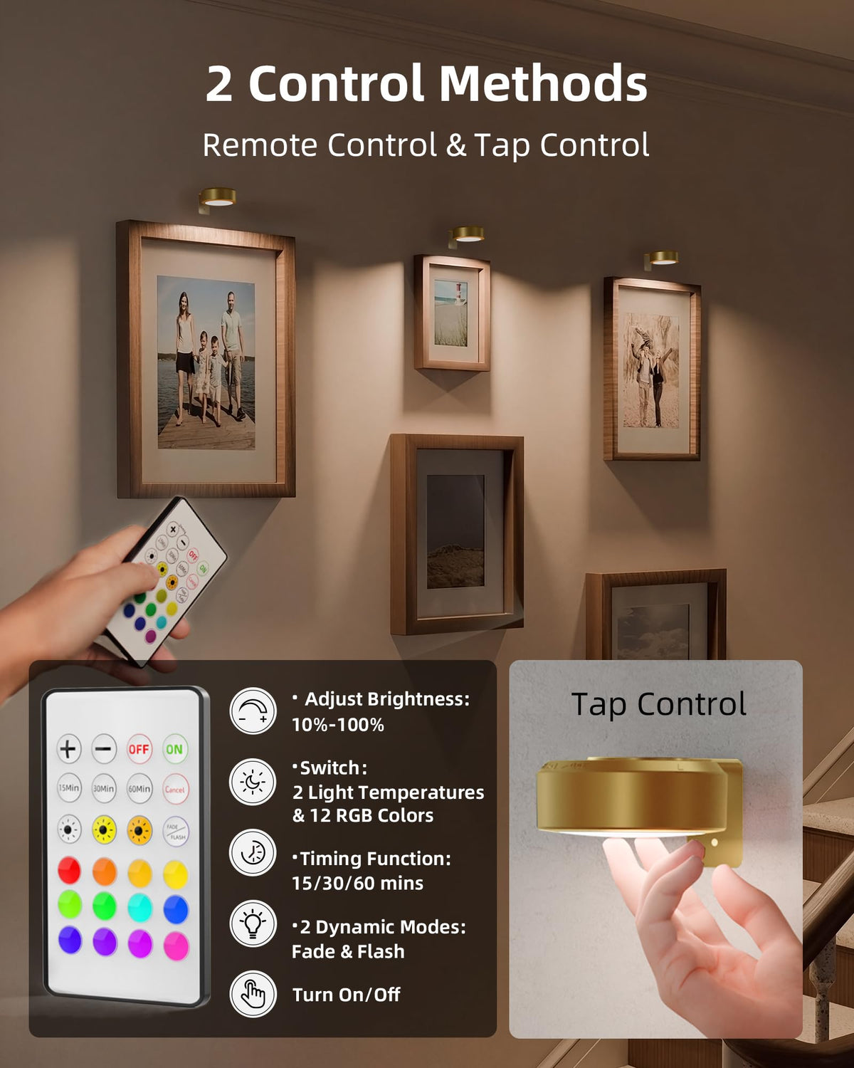 EZVALO Picture Lights for Wall – 3 Color Temps, 12 RGB, 2000mAh, 3-Pack
