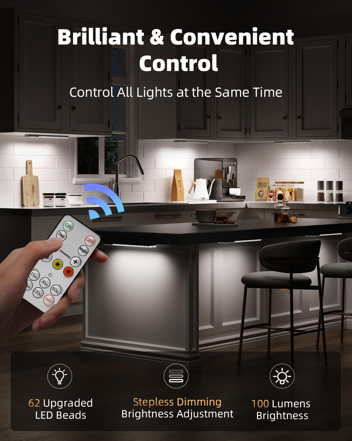EZVALO 3-Pack Under Cabinet Lighting — Wireless Motion Sensor LEDs, 3 Color Temps, Dimmable, Remote